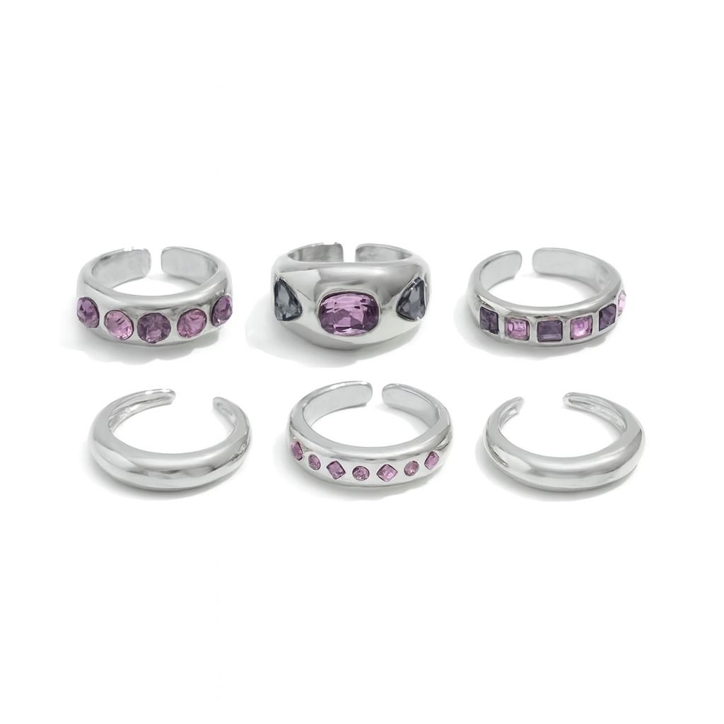 Jogo de Anel Cravejado com Zircônia Ametista e Rosa Tamanho 18