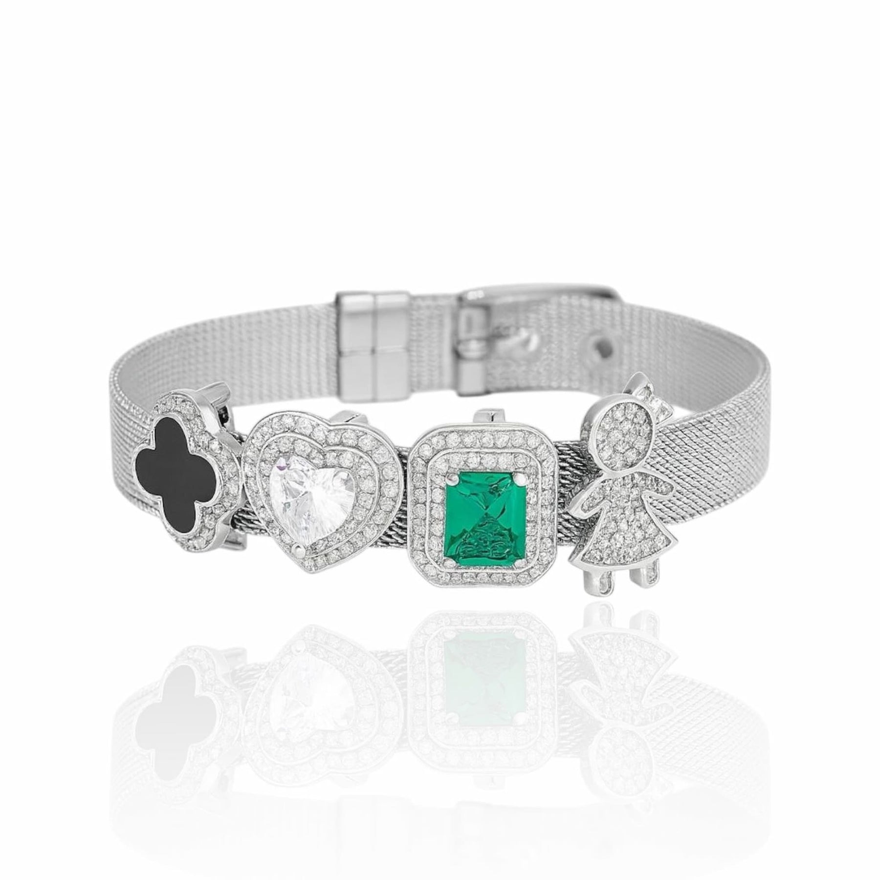 Pulseira de Malha Ródio Branco com Pingentes Cravejados de Zircônias