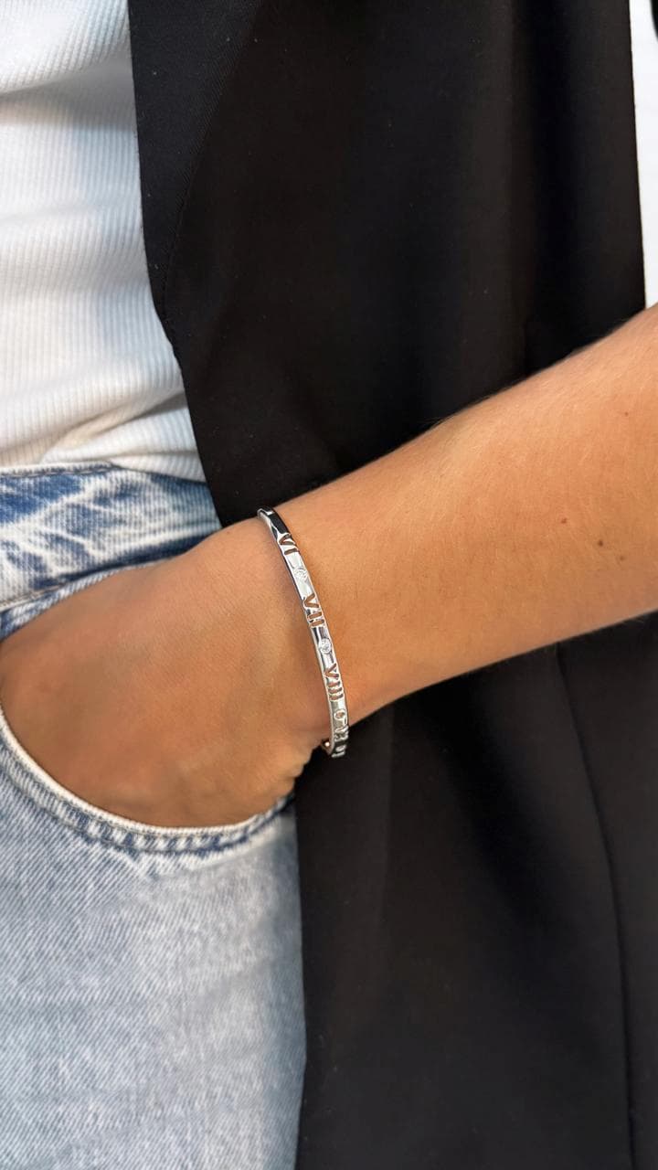 Bracelete Aço Inoxidável Algarismo Romano com Zircônia Cristal