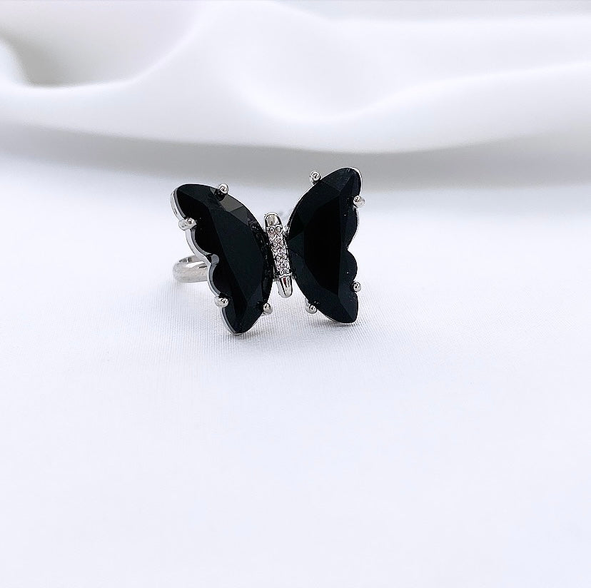Anel Borboleta Cristal Preto com Ródio Branco