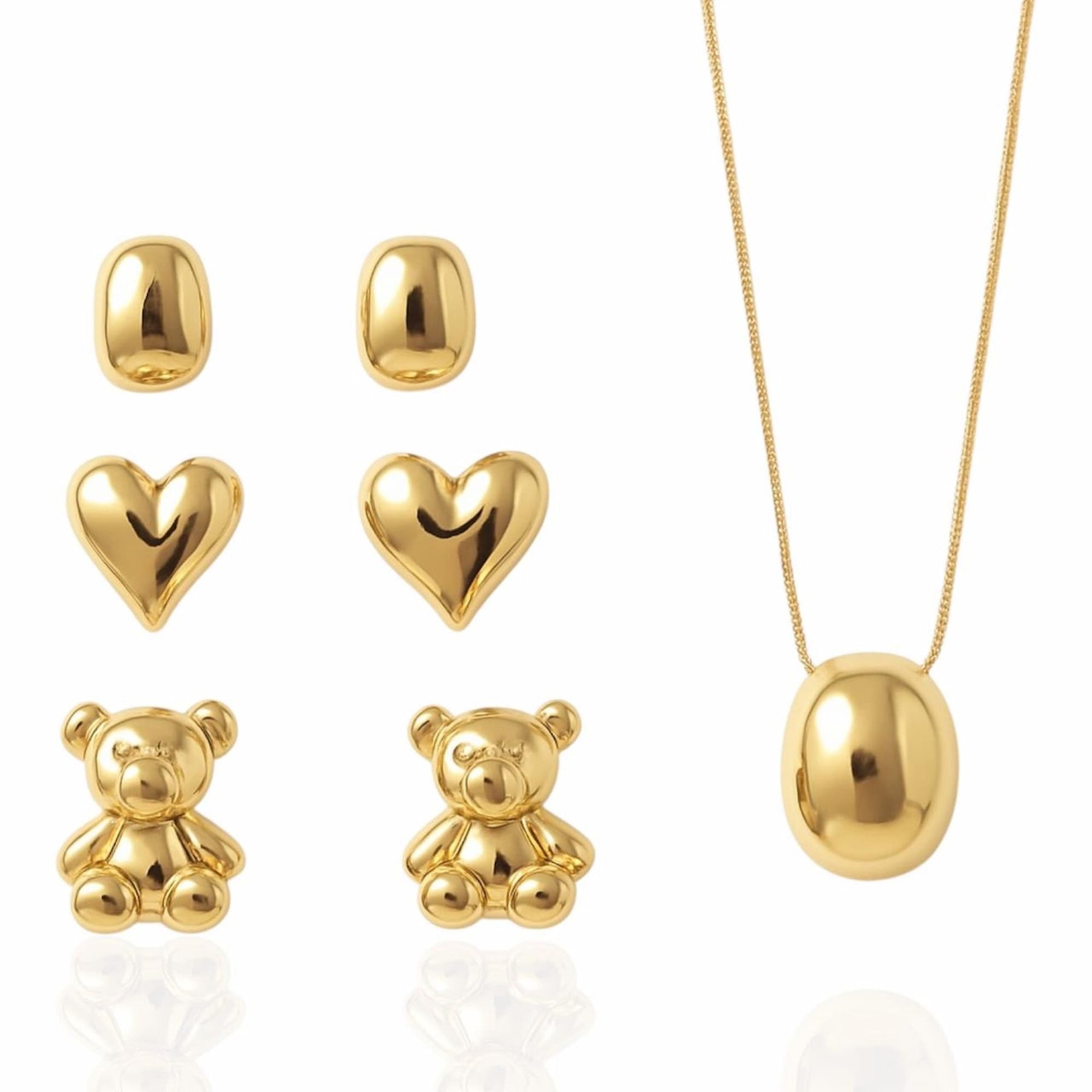 Conjunto Colar Veneziana com Trio de Brincos Orgânico, Coração e Urso