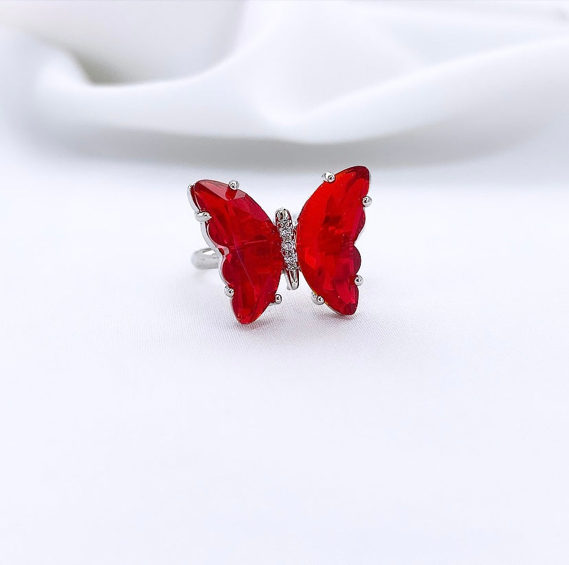 Anel Borboleta Ródio Branco com Vermelho Cristal
