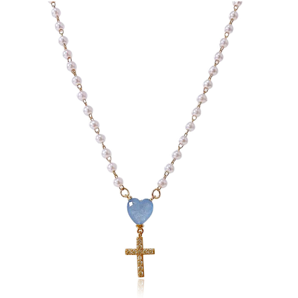 Colar Escapulário Pérola com Coração e Crucifixo Zircônia