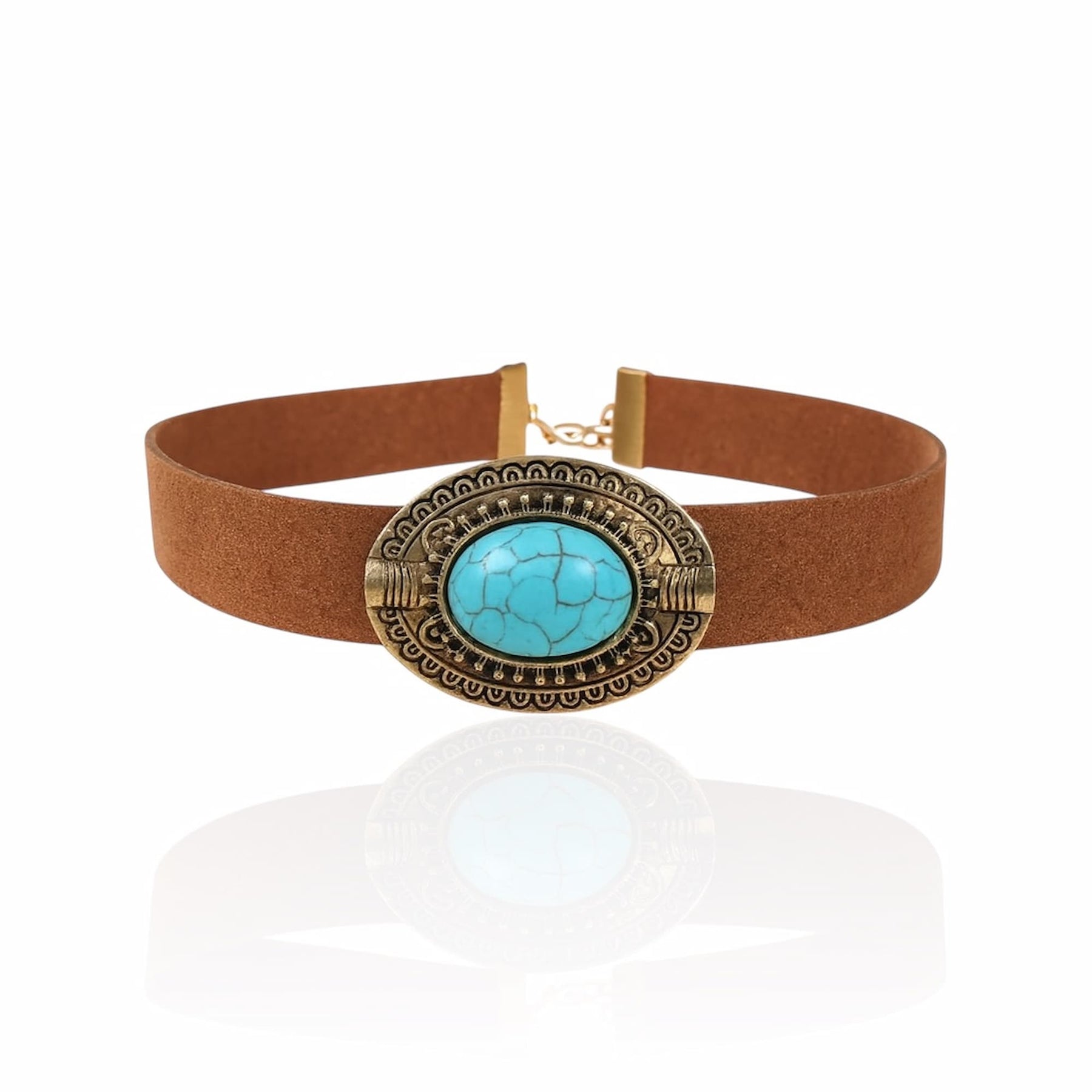Choker Couro Sintético com Pedra Azul Turquesa
