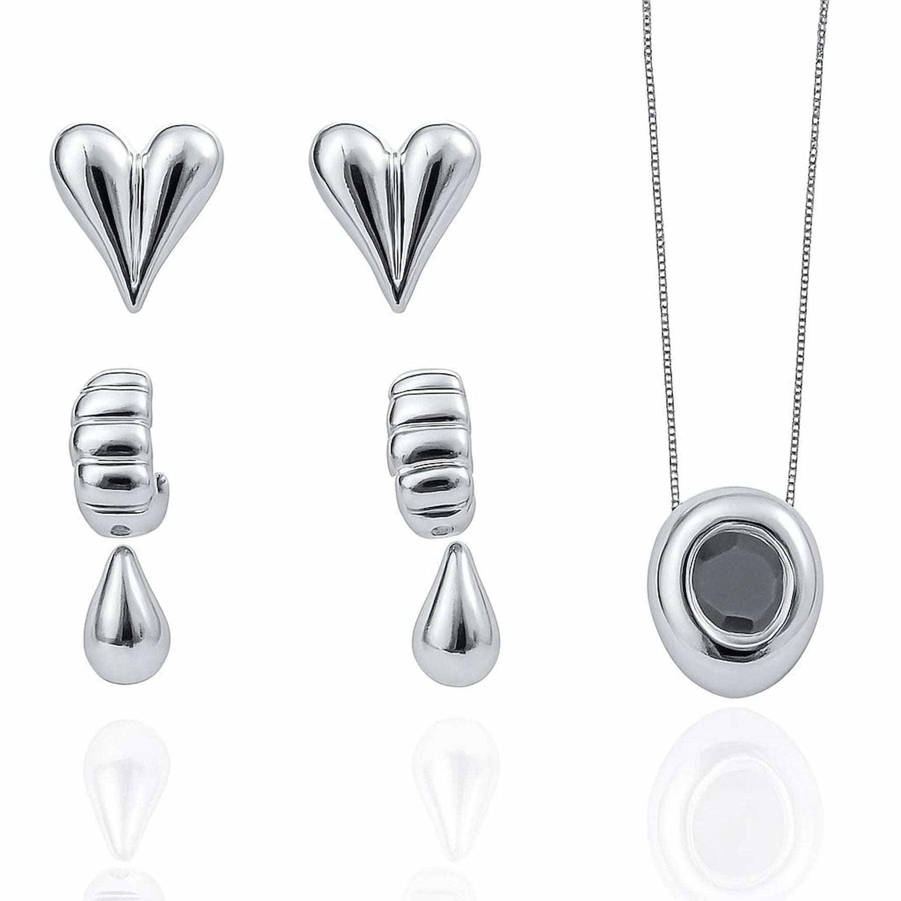 Conjunto Colar Veneziana com Trio de Brincos Coração, Argola e Gota