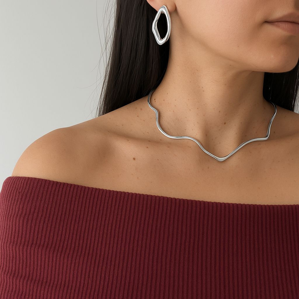 Conjunto Choker Aro Ondulado com Brinco Assimétrico Feminino