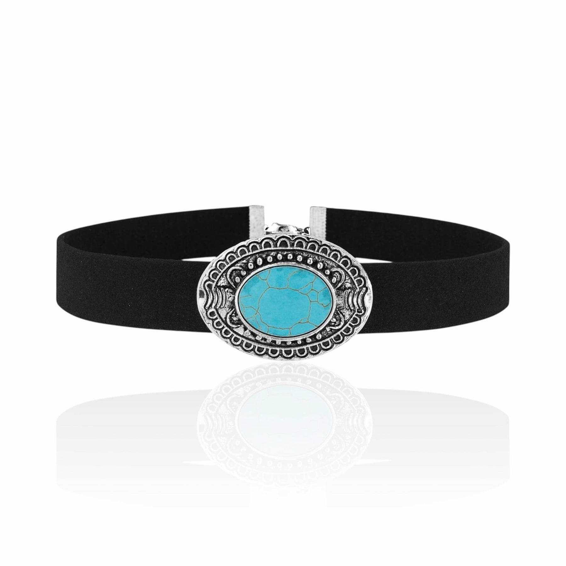 Choker Couro Sintético com Pedra Azul Turquesa