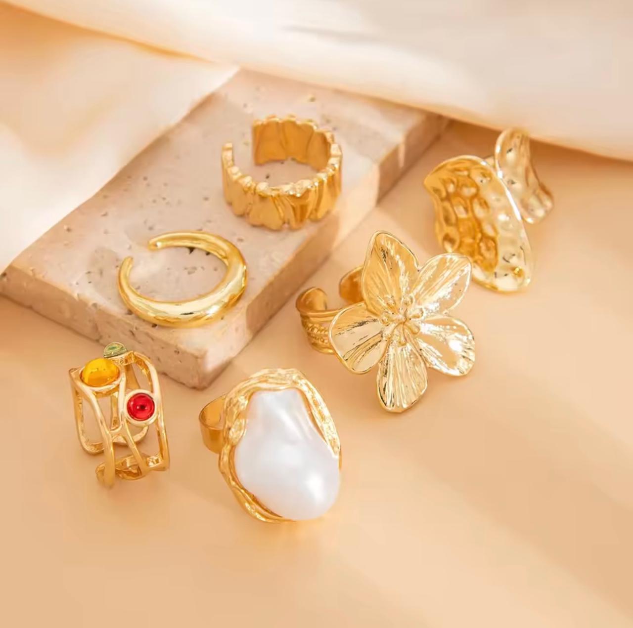 Kit de Anéis Barrocos de Pérolas e Flores