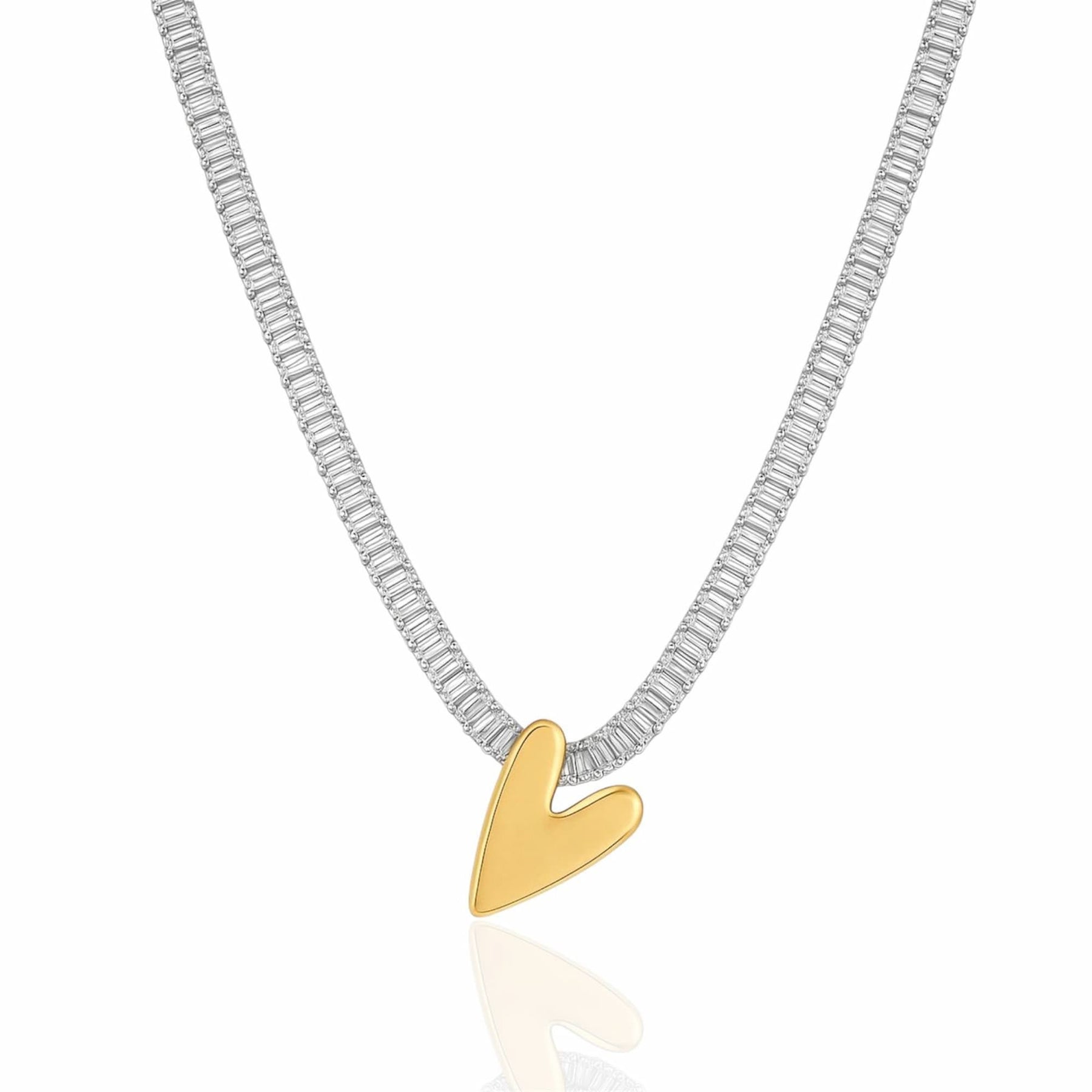 Colar Riviera Cristal Ródio Branco com Pingente Coração Dourado