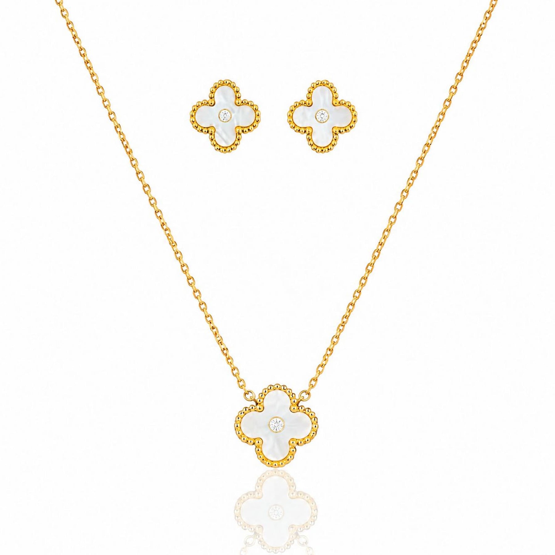 Conjunto Colar e Brinco Trevo Inspiração Branco com Dourado