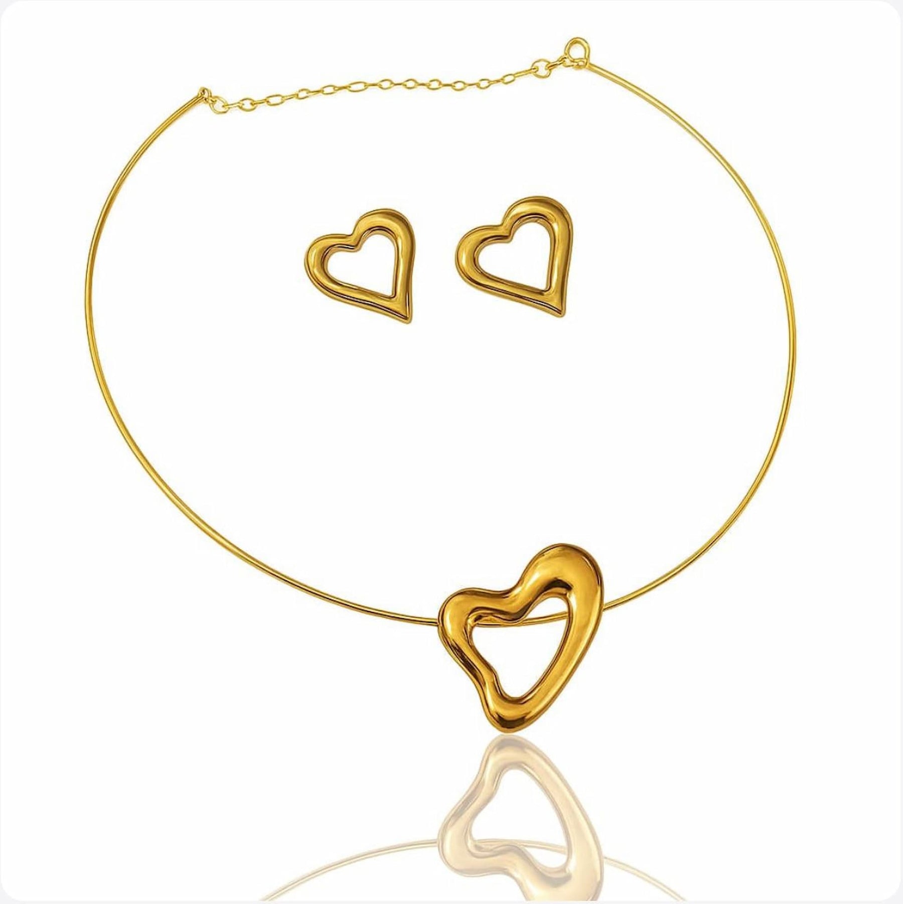 Conjunto Choker Aro com Brinco Coração Vazado Dourado