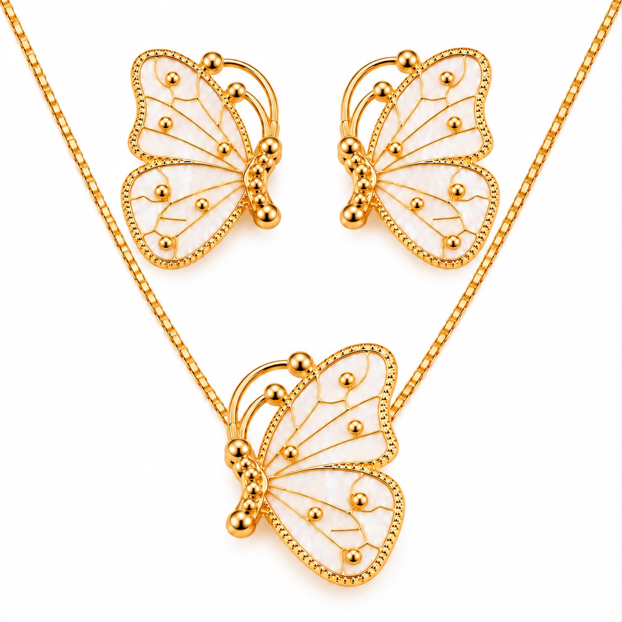 Conjunto Colar e Brinco Dourado com Borboleta Perolada Esmaltada