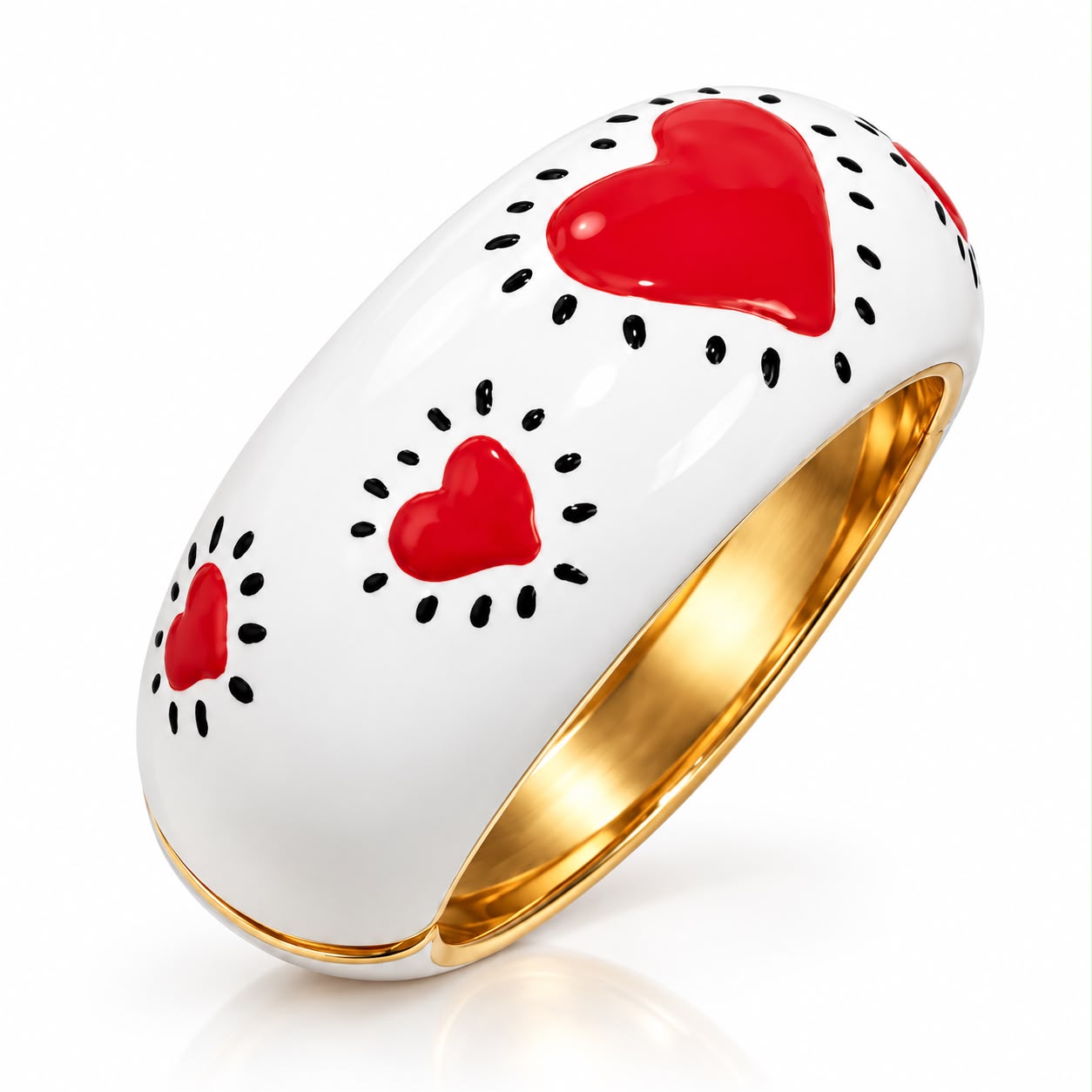 Bracelete Dourado de Coração Esmaltado Vermelho com Branco