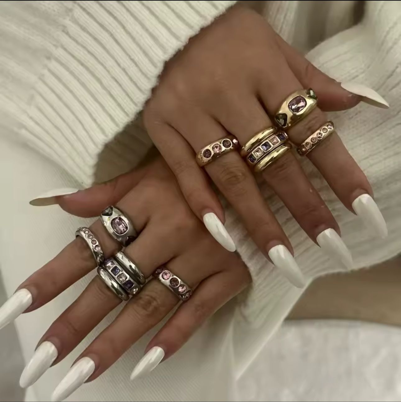 Jogo de Anel Cravejado com Zircônia Ametista e Rosa Tamanho 18