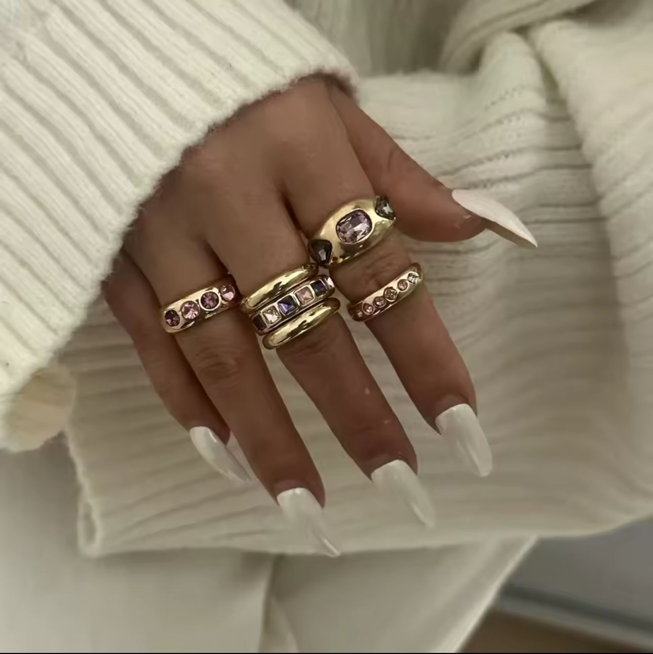 Jogo de Anel Cravejado com Zircônia Ametista e Rosa Tamanho 18