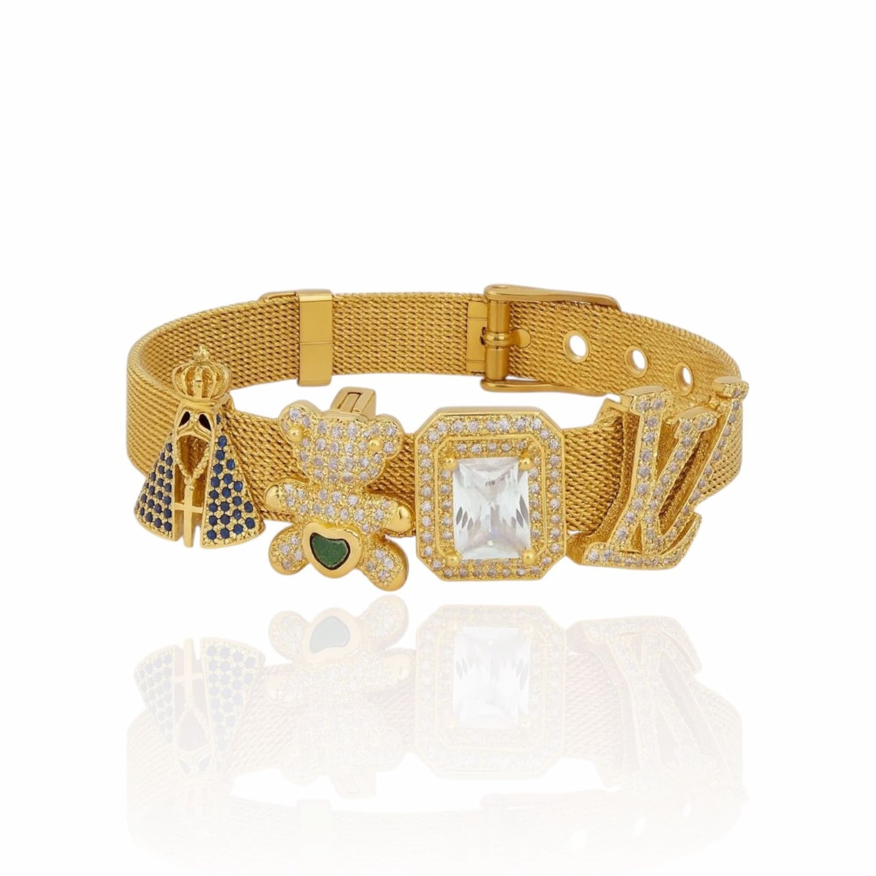 Pulseira Bracelete de Malha com Pingentes Cravejados de Zircônias