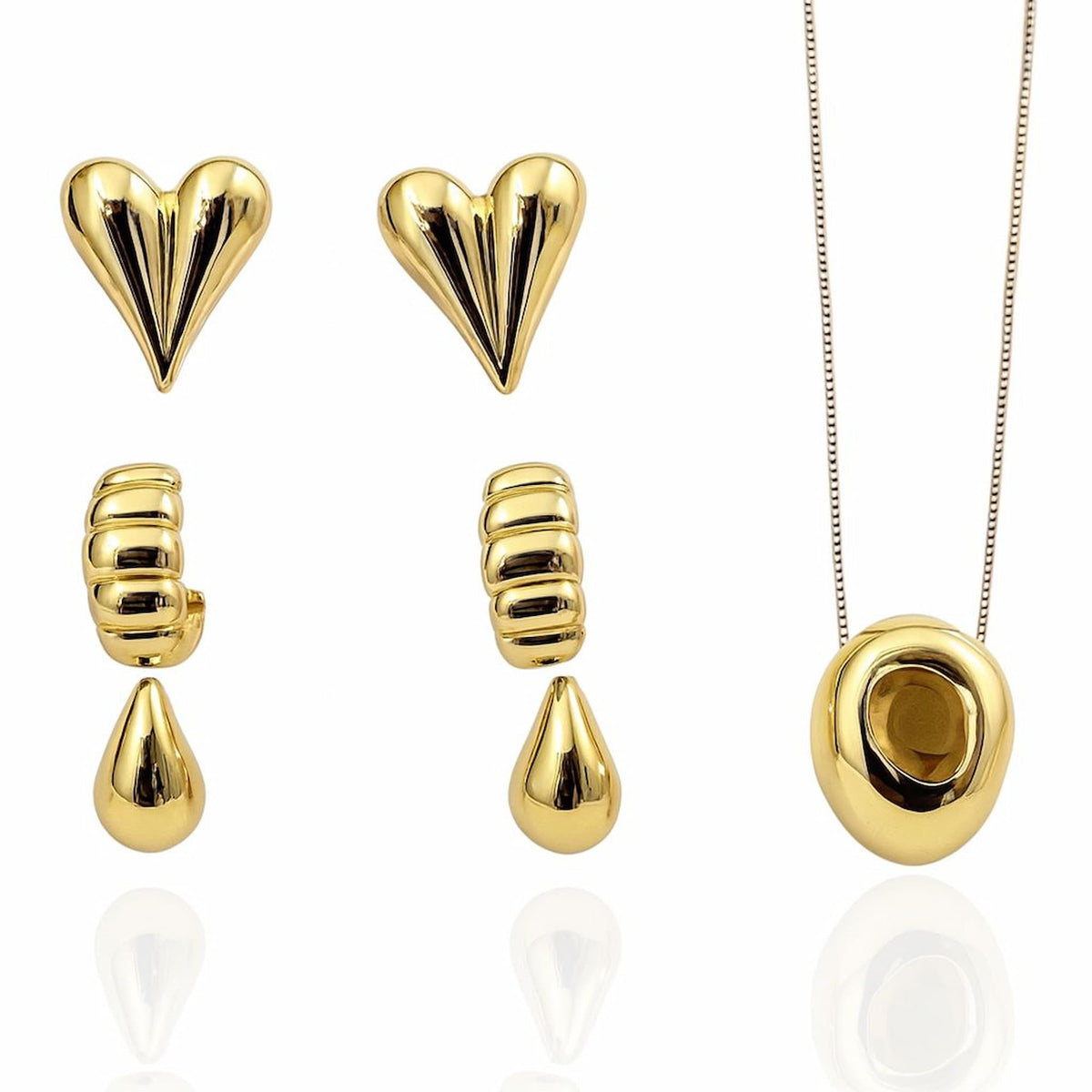 Conjunto Colar Veneziana com Trio de Brincos Coração, Argola e Gota