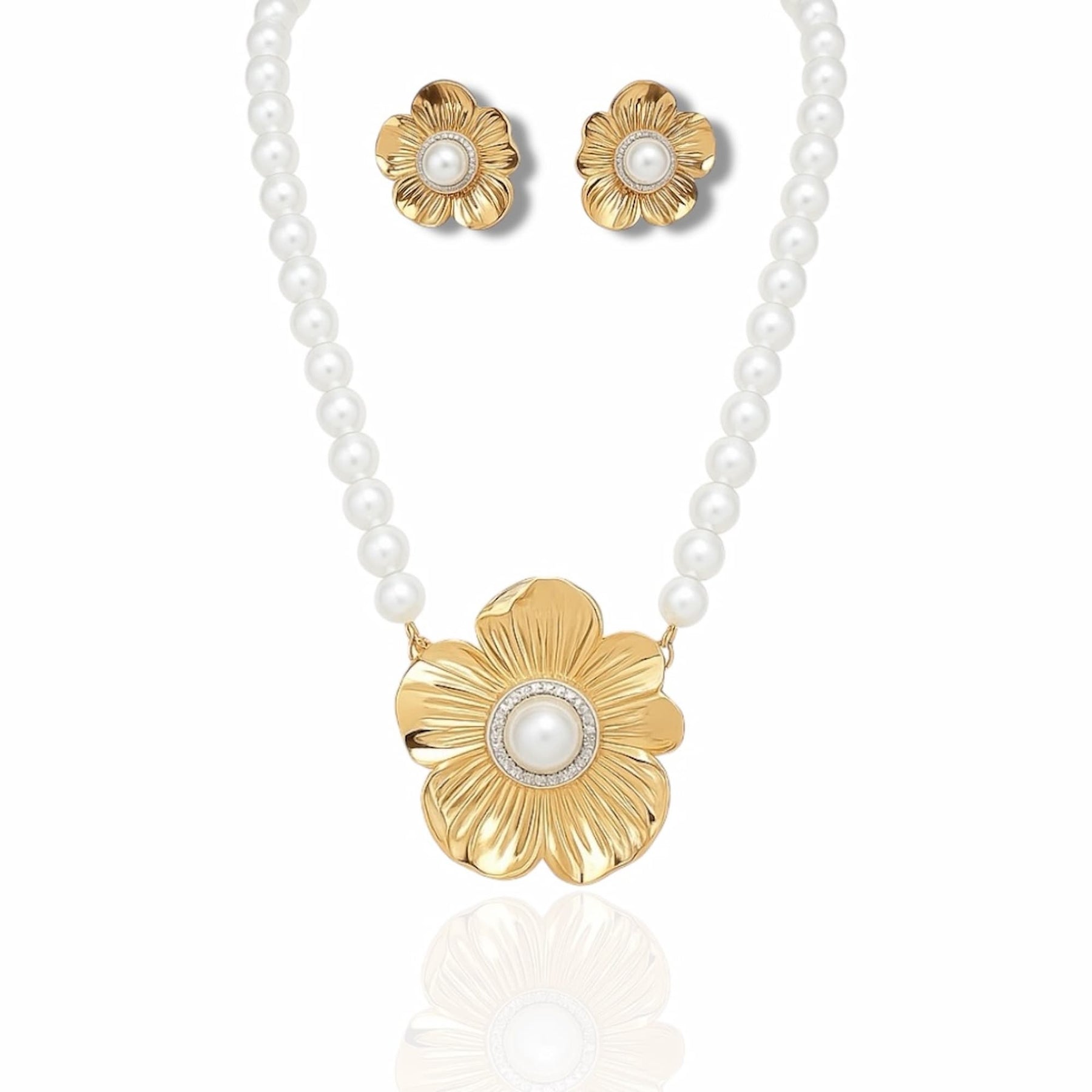 Conjunto Colar Pérolas com Pingente e Brinco Flor