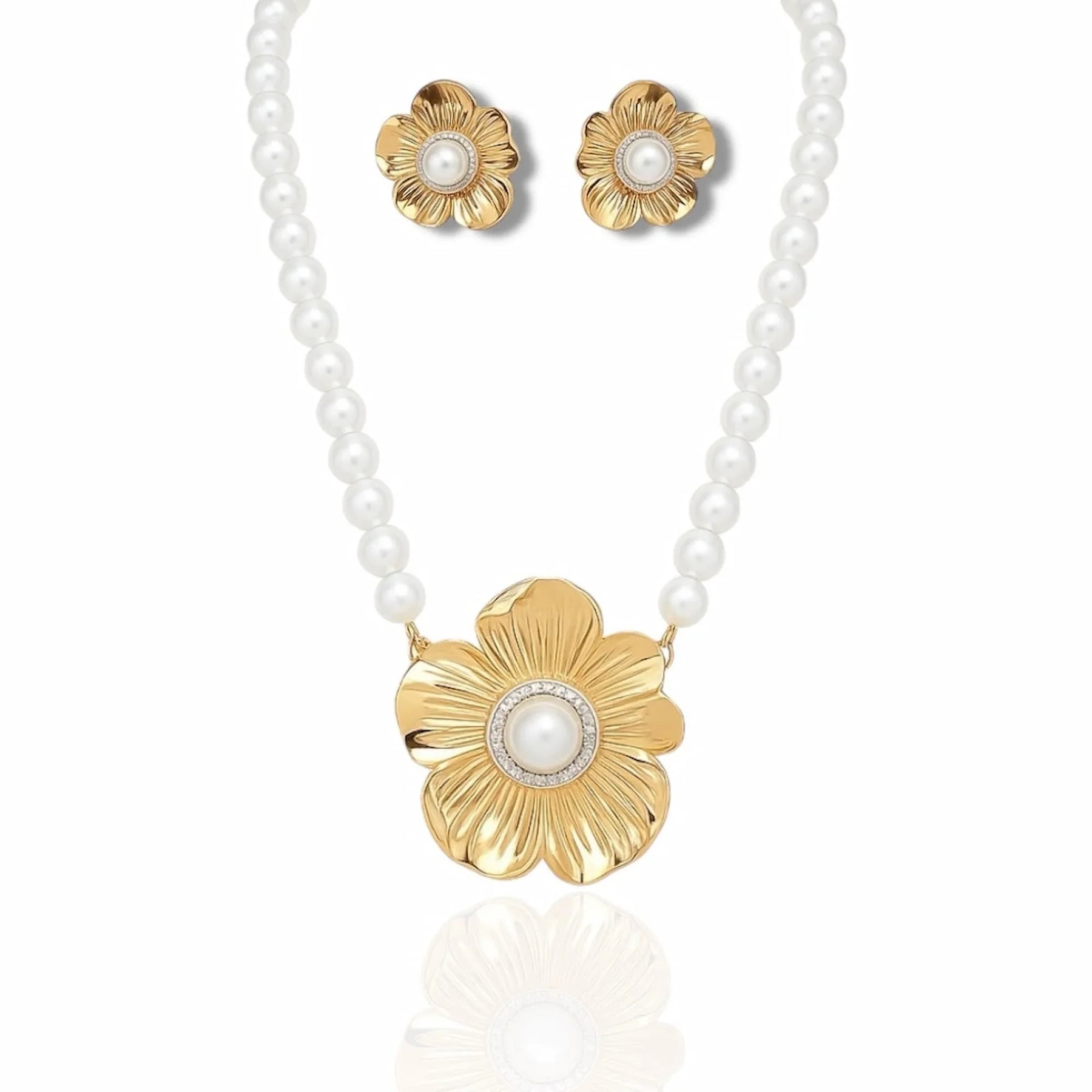 Conjunto Colar Pérolas com Pingente e Brinco Flor