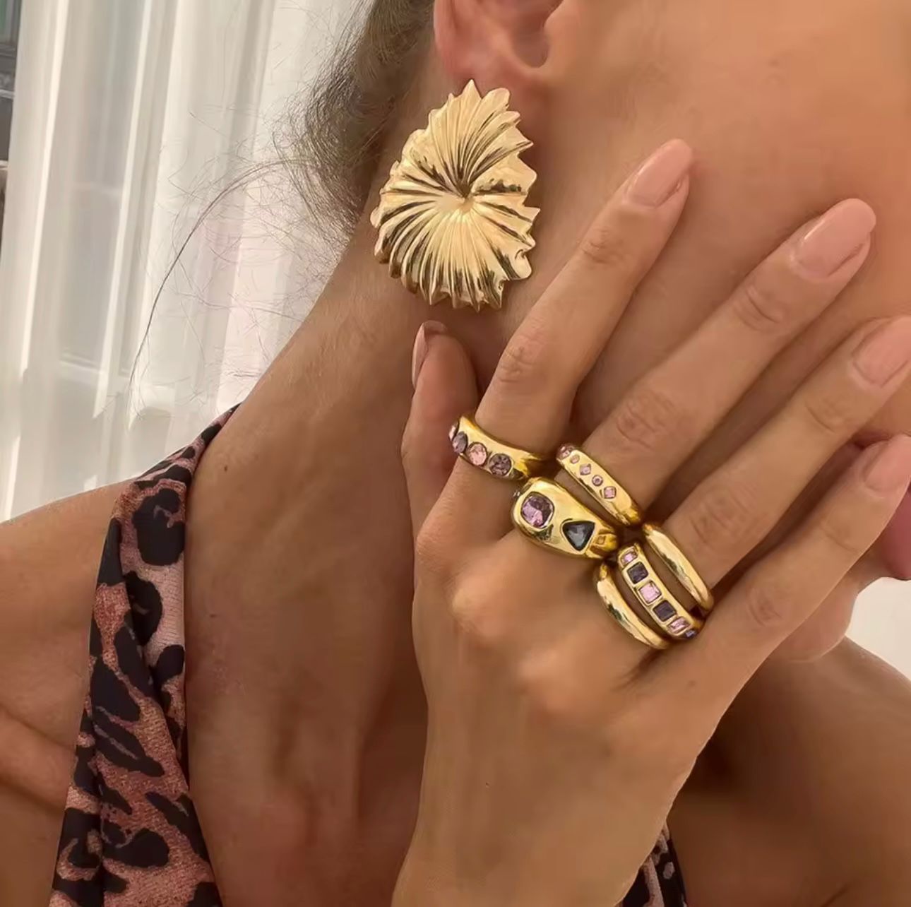 Jogo de Anel Cravejado com Zircônia Ametista e Rosa Tamanho 18