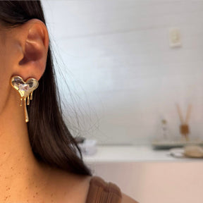 Brinco Coração Derretido com Cristal Retangular