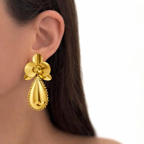 Brinco Longo Dourado de Flor Orquídea