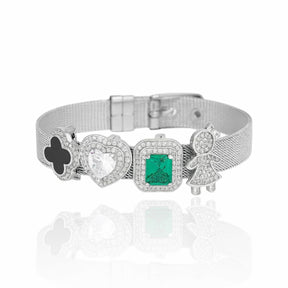 Pulseira de Malha Ródio Branco com Pingentes Cravejados de Zircônias