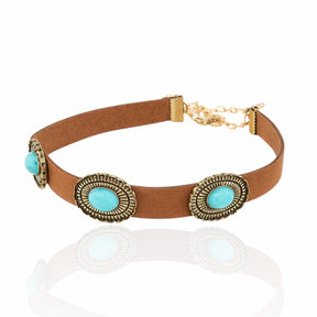 Choker Couro Sintético com Pedra Azul Turquesa