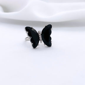 Anel Borboleta Cristal Preto com Ródio Branco