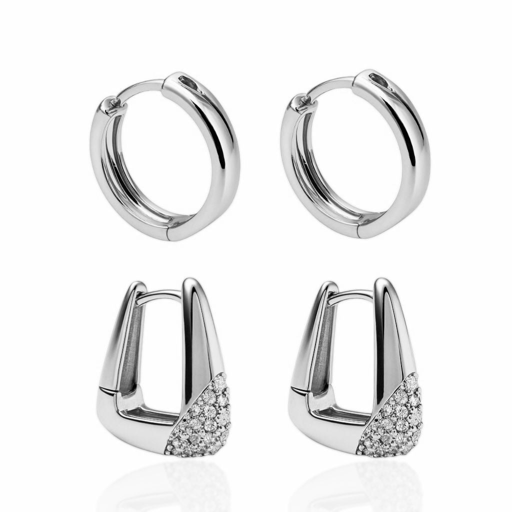 Brinco Duplo de Argolinhas Geométricas Cravejada Cristal
