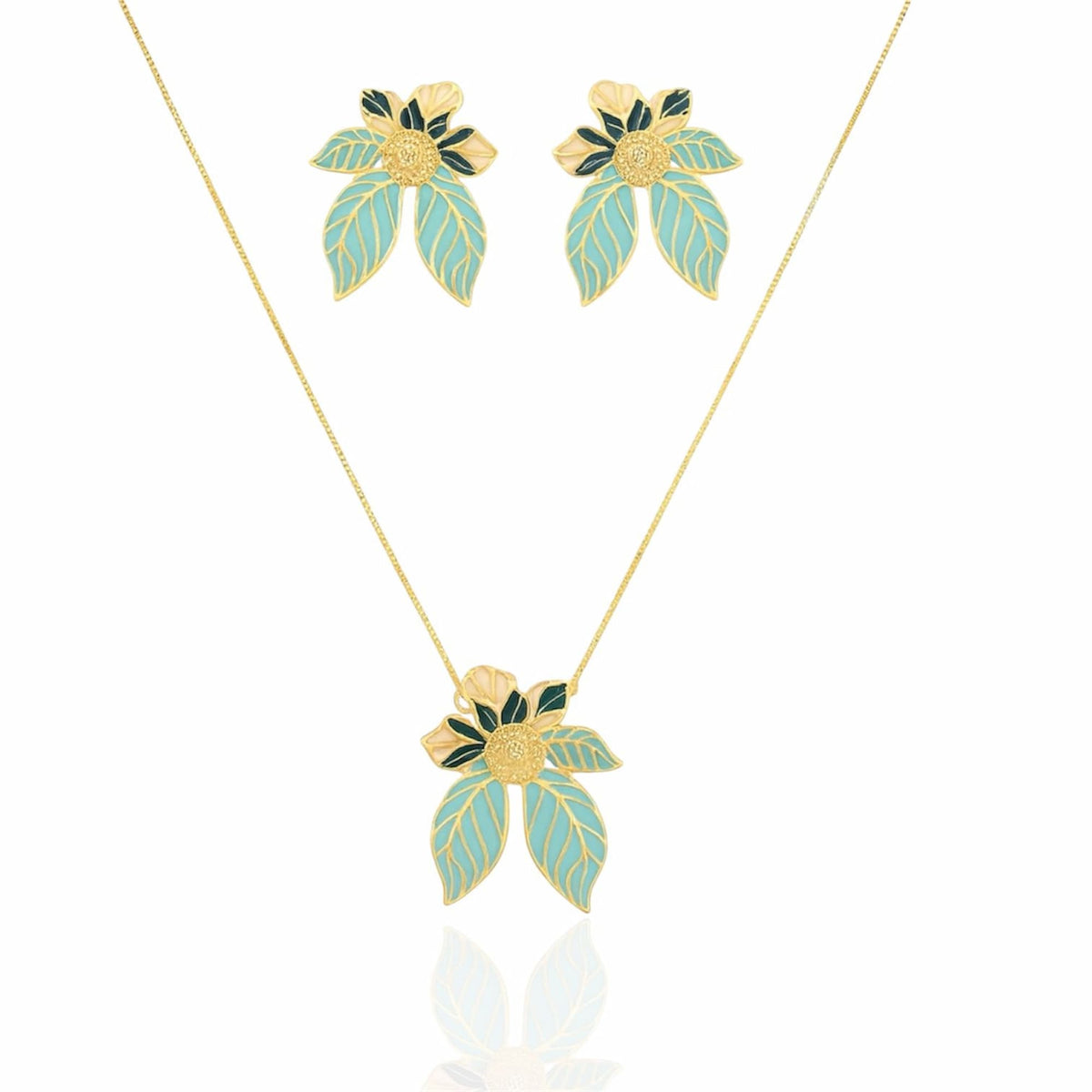 Kit Colar + Brinco Flor Dourado e Esmaltado