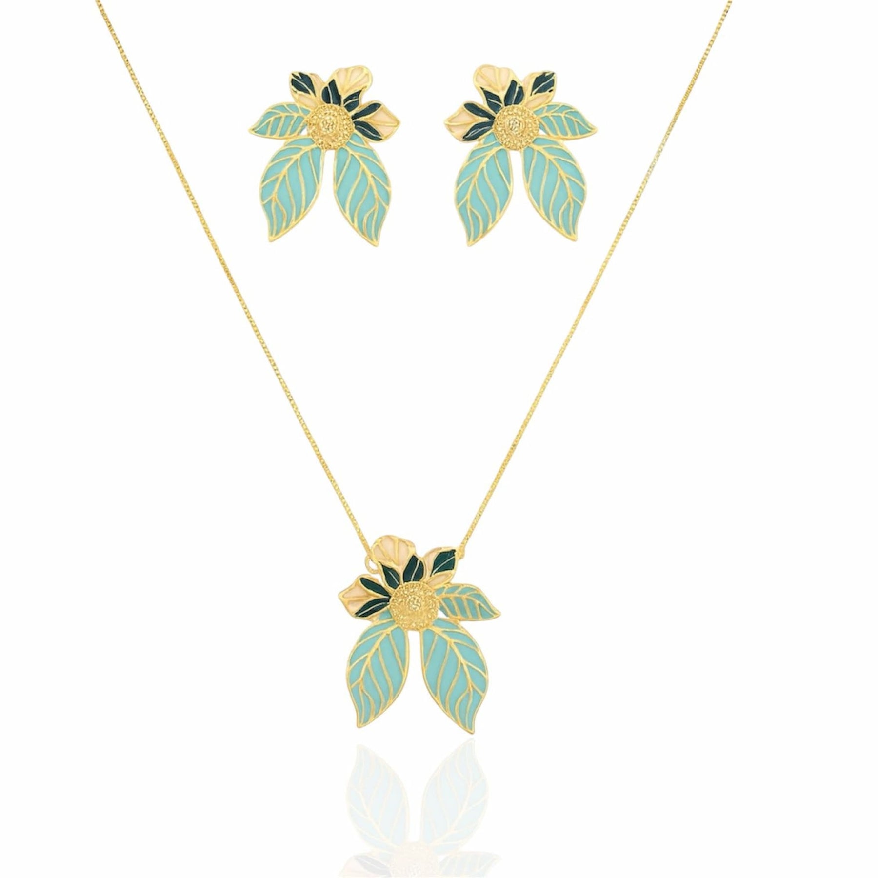 Conjunto Colar e Brinco Flor Dourado e Esmaltado