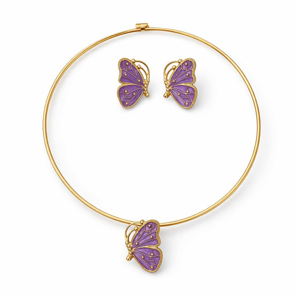 Conjunto Colar Aro e Brinco Dourado com Borboleta Esmaltada