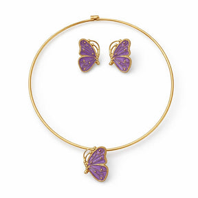 Conjunto Colar Aro e Brinco Dourado com Borboleta Esmaltada