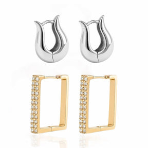 Brinco Dupla Argolas Gota e Retangular Cravejado