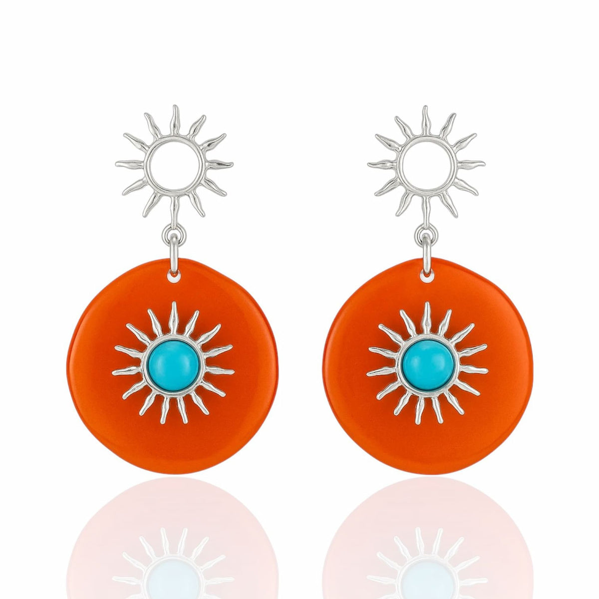 Brinco Geométrico Sol em Ródio Branco e Resina