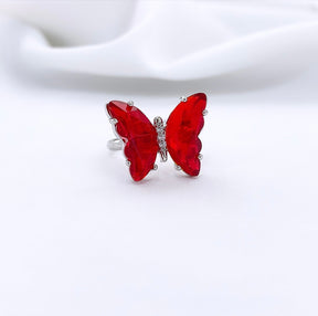 Anel Borboleta Ródio Branco com Vermelho Cristal