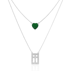 Colar Escapulário Sagrado Coração Verde Esmeralda e Cravejado Zircônia