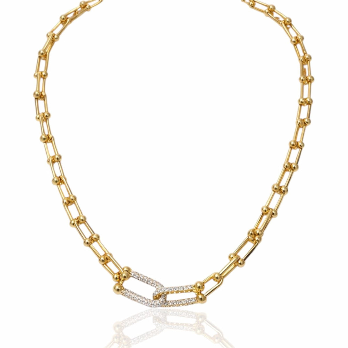 Colar Elos Inspiração Dourado com Elo Central Cravejado Zircônia