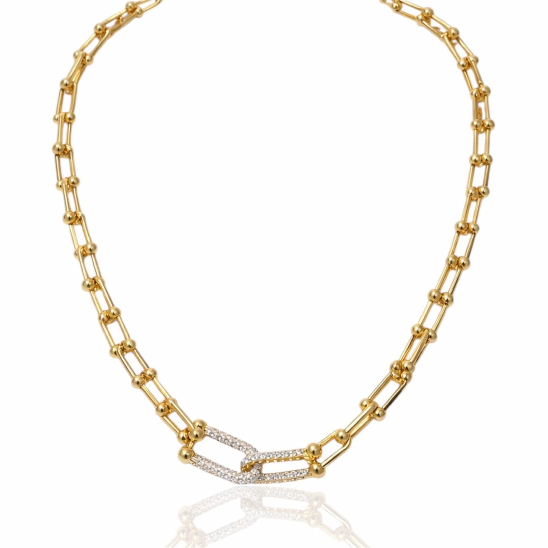 Colar Elos Inspiração Dourado com Elo Central Cravejado Zircônia