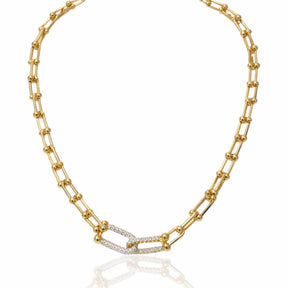 Colar Elos Inspiração Dourado com Elo Central Cravejado Zircônia