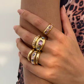 Jogo de Anel Cravejado com Zircônia Ametista e Rosa Tamanho 18