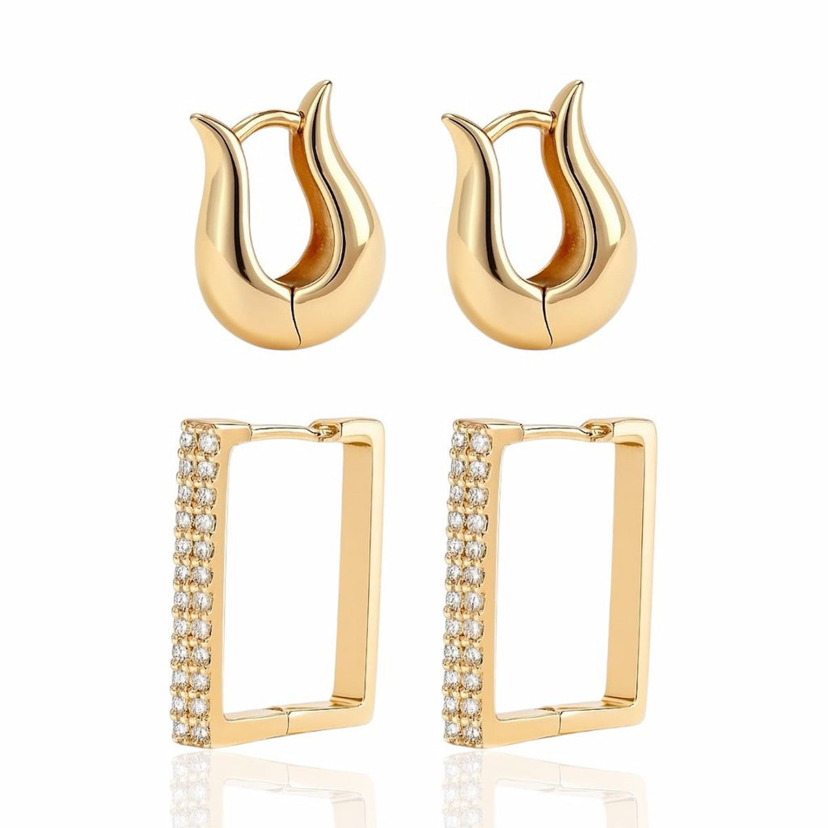 Brinco Dupla Argolas Gota e Retangular Cravejado