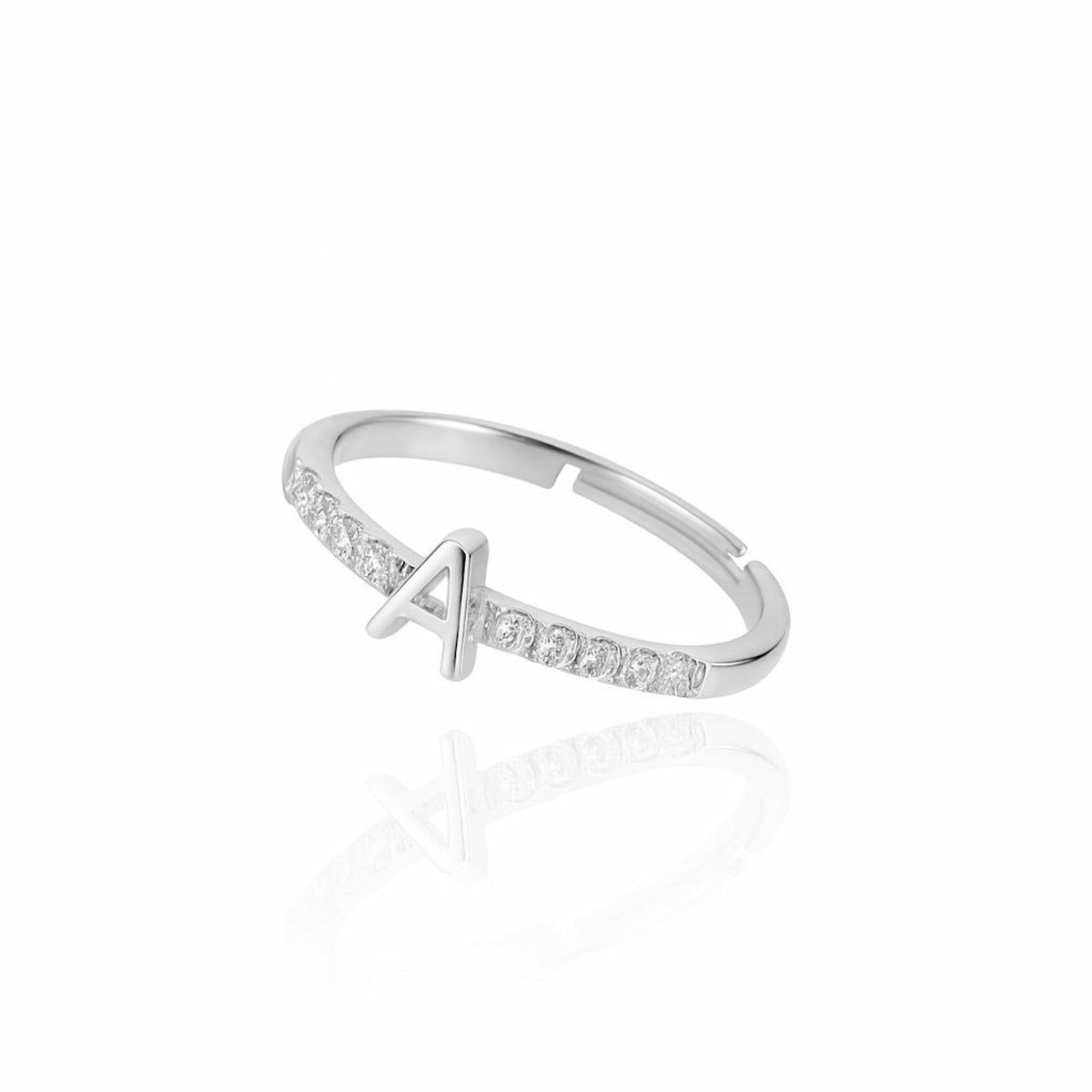Anel Ródio Branco Ajustável Cravejado Cristal Letras