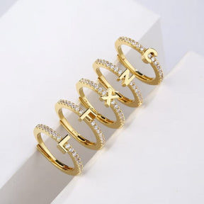 Anel Dourado Ajustável Cravejado Cristal Letras
