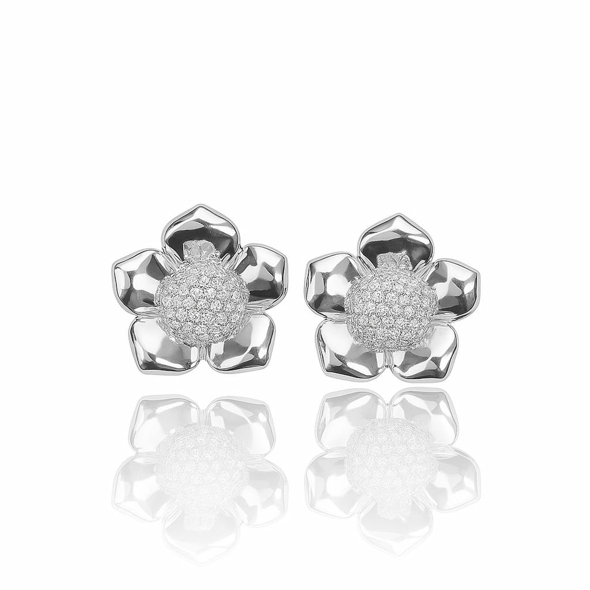 Brinco Flor Miolo Cravejado Ródio Branco