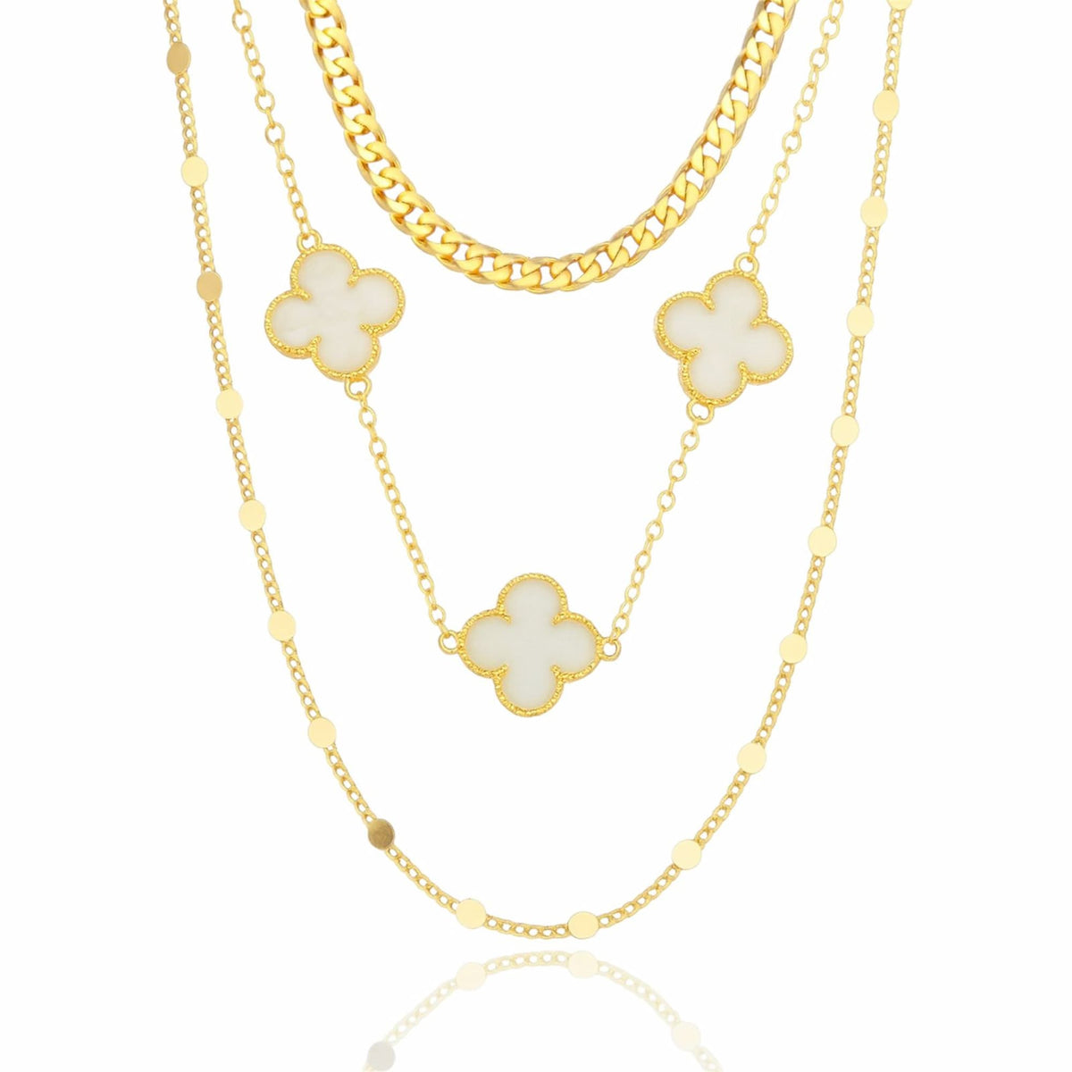 Colar Triplo Trevo Inspiração Branco com Dourado
