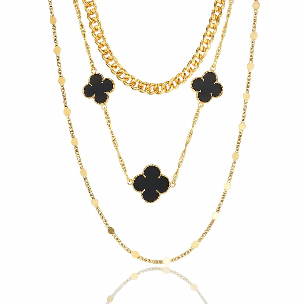 Colar Triplo Trevo Inspiração Preto com Dourado