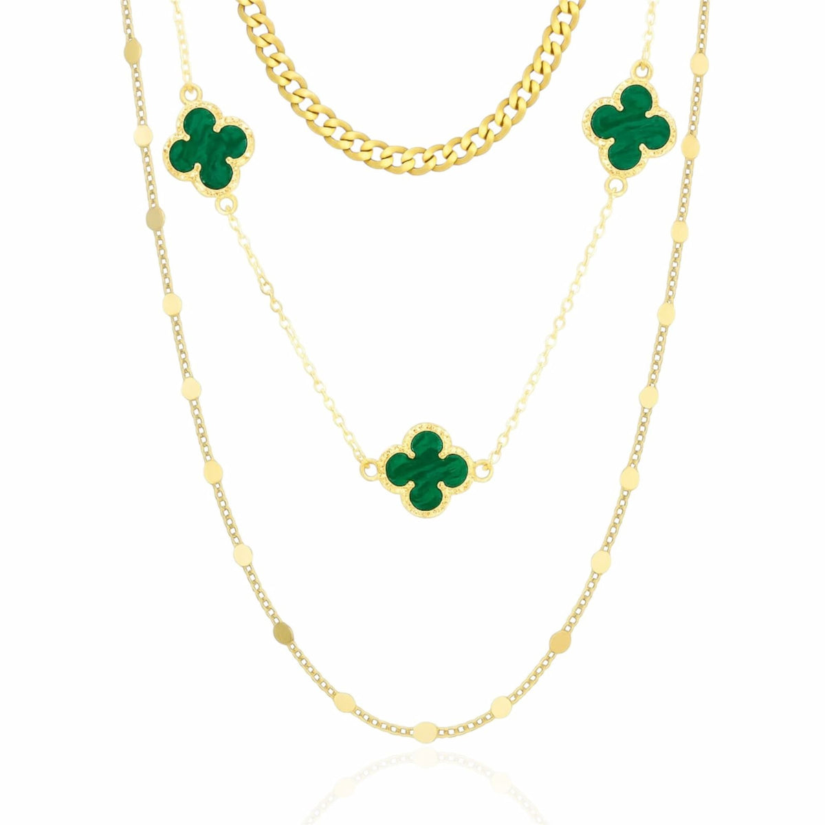 Colar Triplo Trevo Inspiração Verde com Dourado
