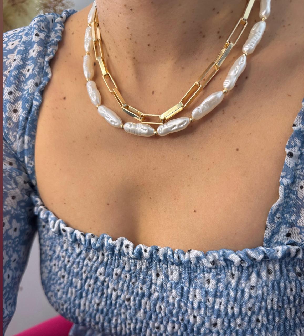 Colar Duplo Pérolas Barrocas e Elos Dourados